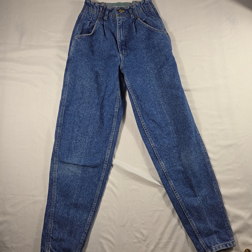 Vintage Lee High Waisted Pleated Jeans Plaid Lined Tapered Leg Medium Wash 3 - Picture 2 of 8